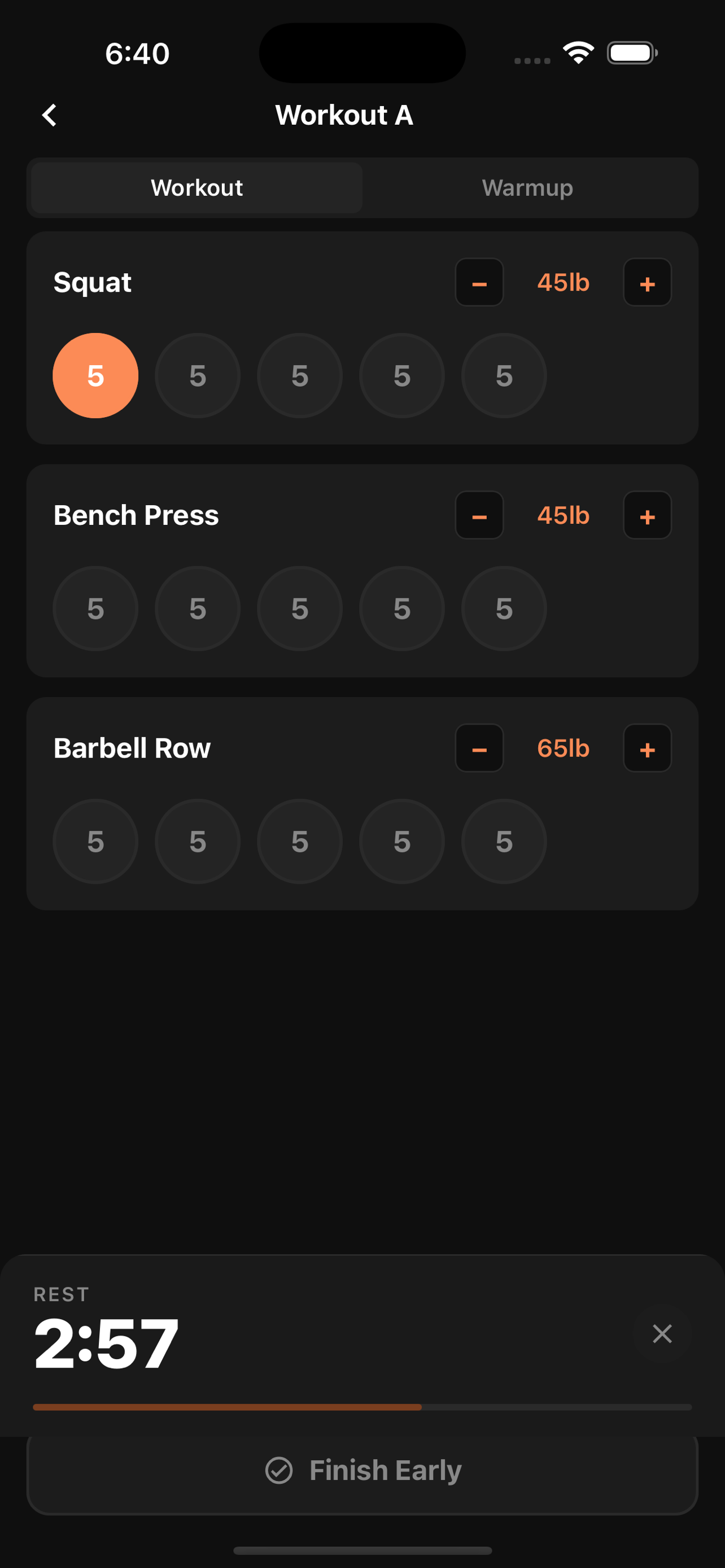 Workout screen